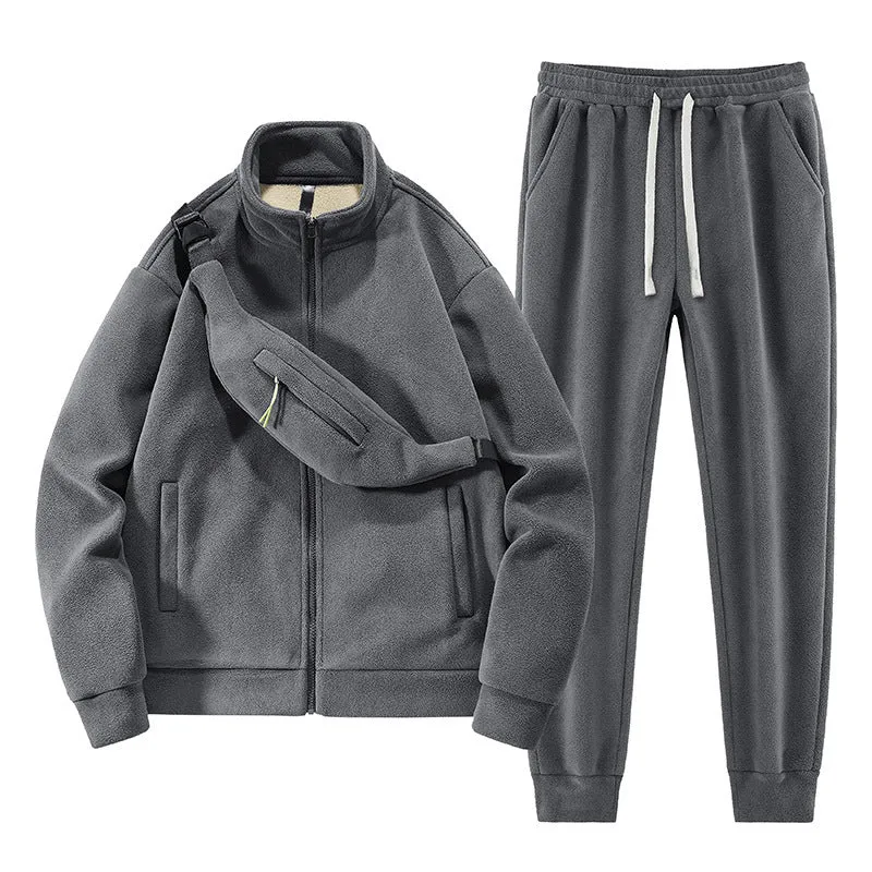 Men's sports leisure warm cardigan suit with long sleeve coat and trousers in gray, with shoulder bag