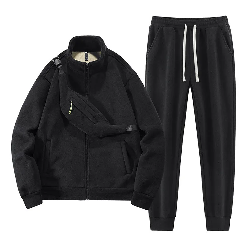Men's sports leisure warm cardigan suit with long sleeve coat and trousers in gray, with shoulder bag