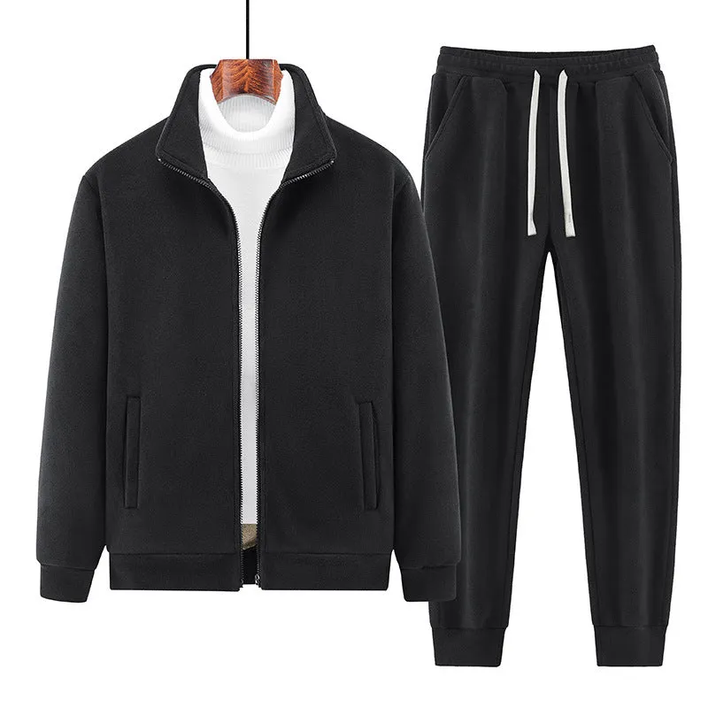 Men's sports leisure warm cardigan suit with long sleeve coat and trousers in gray, with shoulder bag