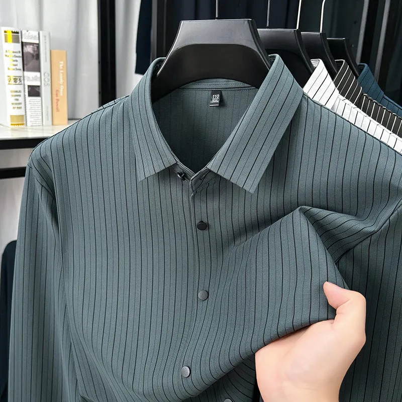 Men's vertical striped cardigan shirt in recycled fibre blend with long sleeves, available in multiple colours