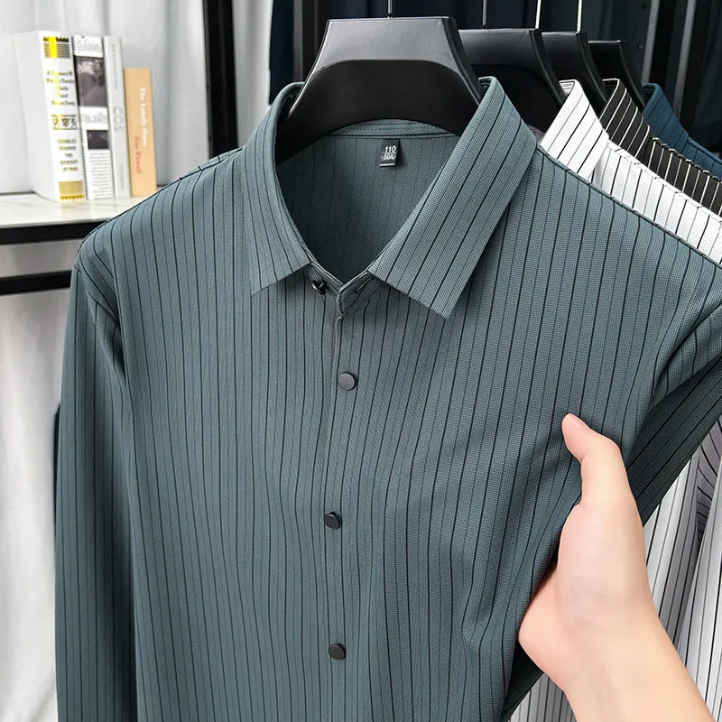 Men's vertical striped cardigan shirt in recycled fibre blend with long sleeves, available in multiple colours
