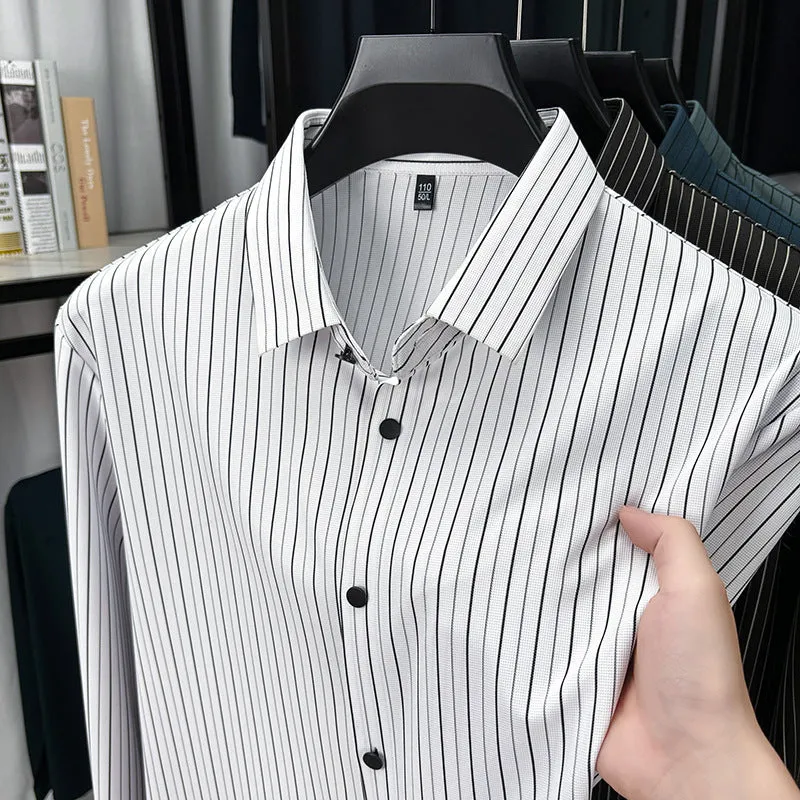 Men's vertical striped cardigan shirt in recycled fibre blend with long sleeves, available in multiple colours