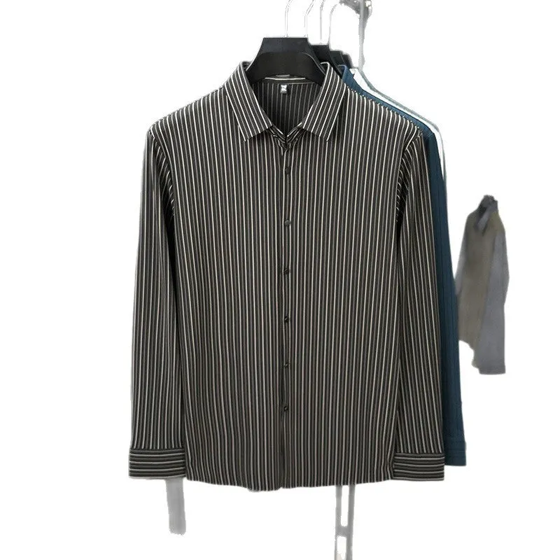 Men's vertical striped cardigan shirt in recycled fibre blend with long sleeves, available in multiple colours