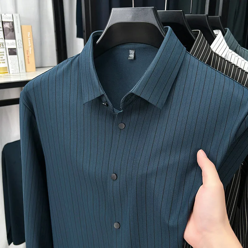 Men's vertical striped cardigan shirt in recycled fibre blend with long sleeves, available in multiple colours