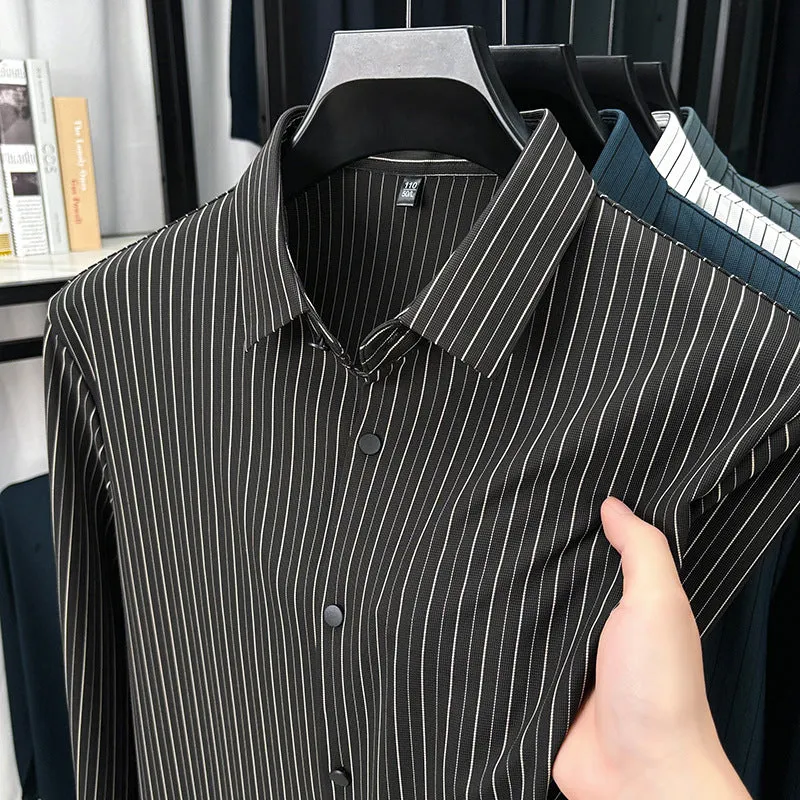 Men's vertical striped cardigan shirt in recycled fibre blend with long sleeves, available in multiple colours