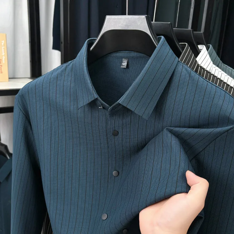 Men's vertical striped cardigan shirt in recycled fibre blend with long sleeves, available in multiple colours
