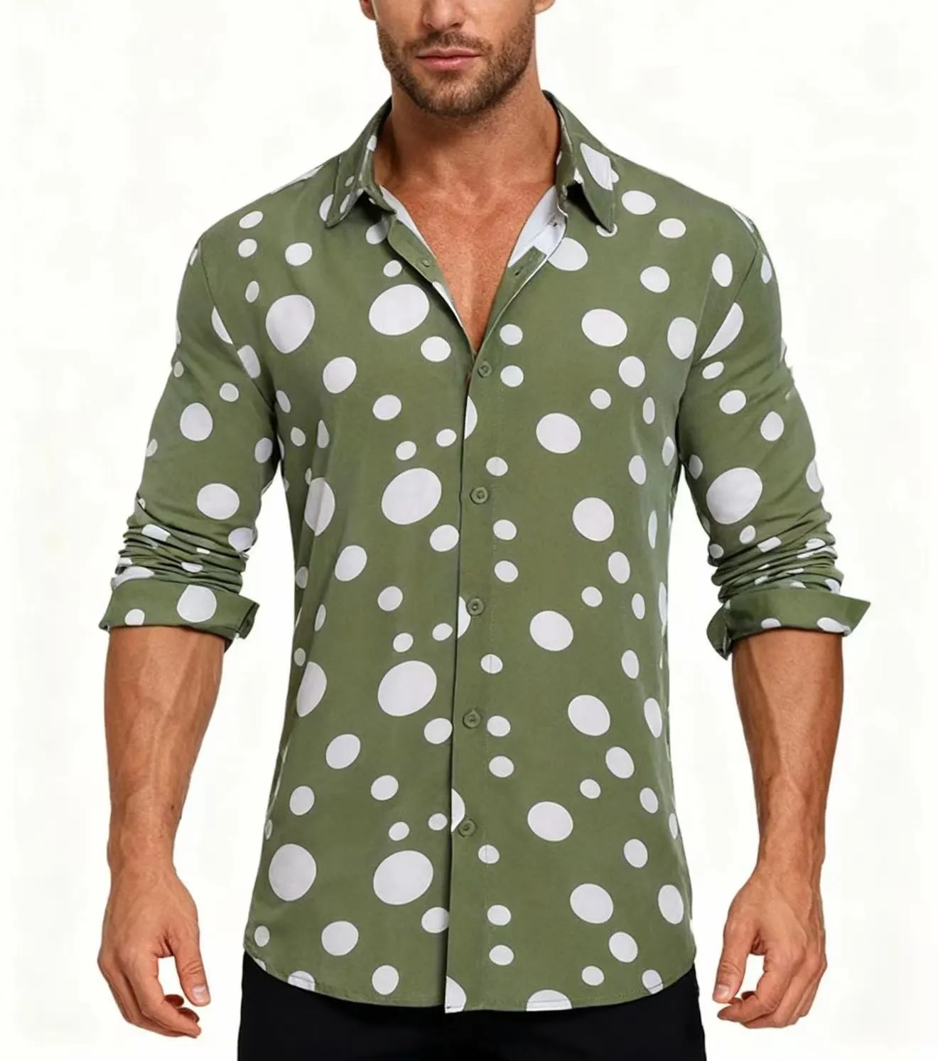Long-sleeved polka dot shirt in military green with white dots, fitted cut for men