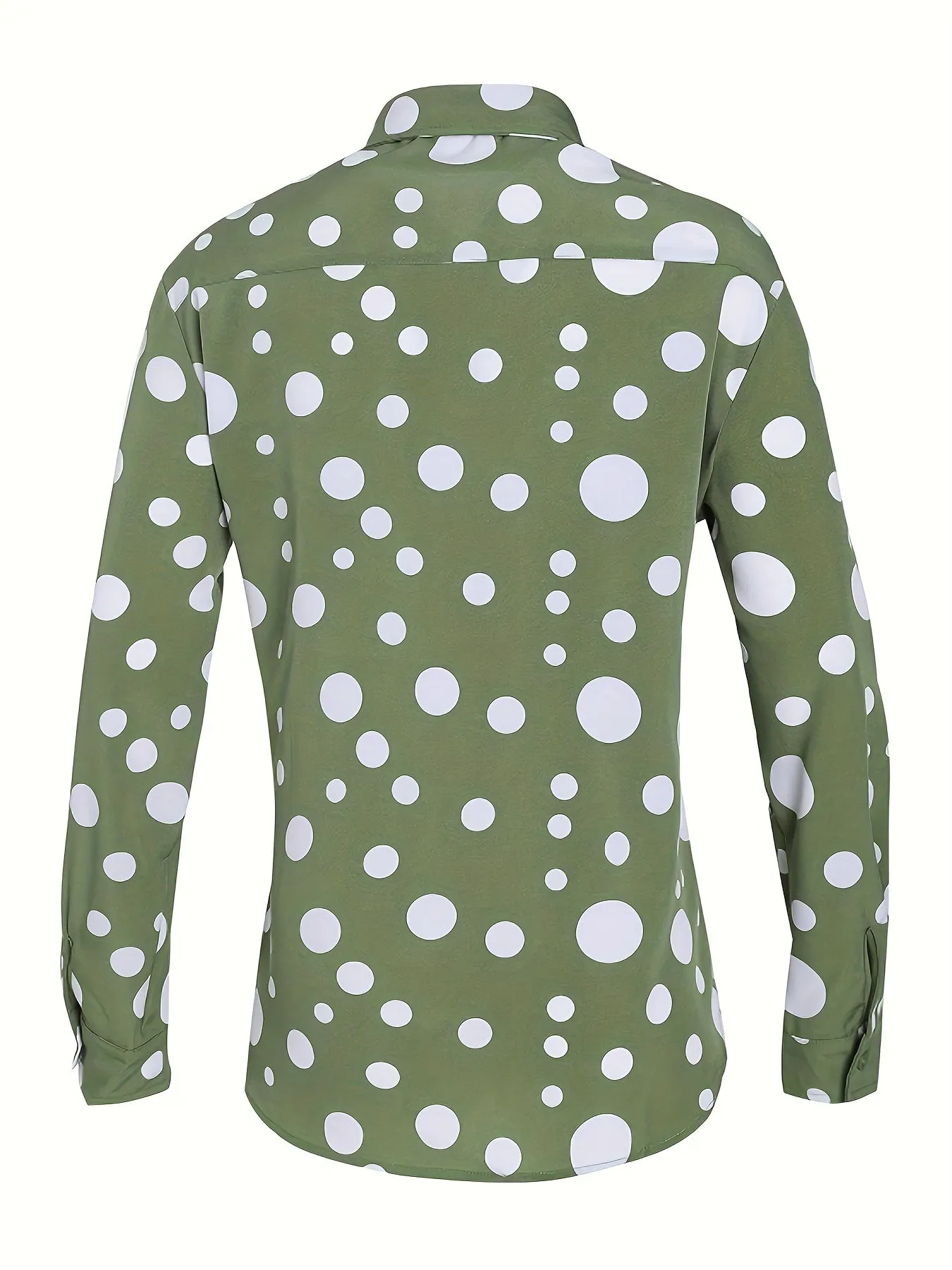 Long-sleeved polka dot shirt in military green with white dots, fitted cut for men