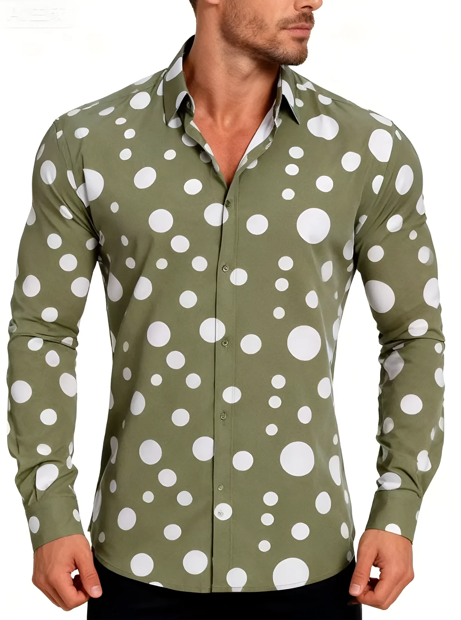 Long-sleeved polka dot shirt in military green with white dots, fitted cut for men