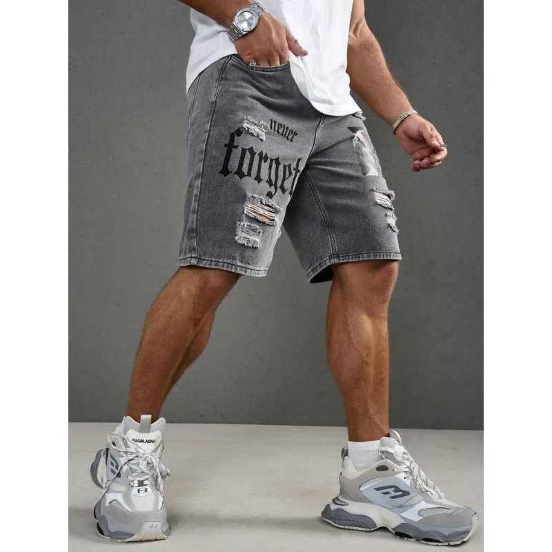 Men's letter printed cowboy shorts with double layer belt, available in multiple colours including black, grey, khaki, and olive green