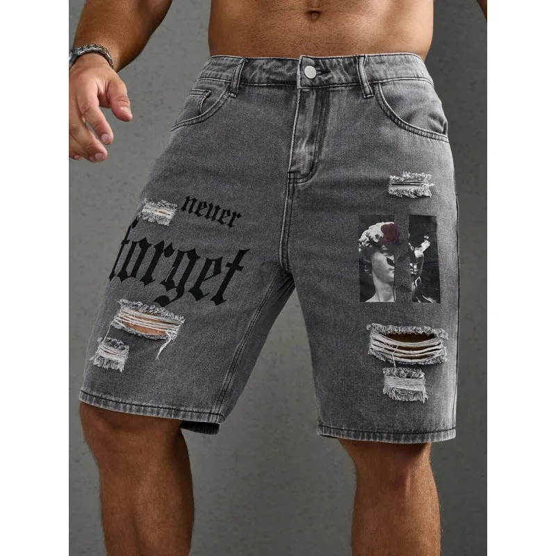 Men's letter printed cowboy shorts with double layer belt, available in multiple colours including black, grey, khaki, and olive green
