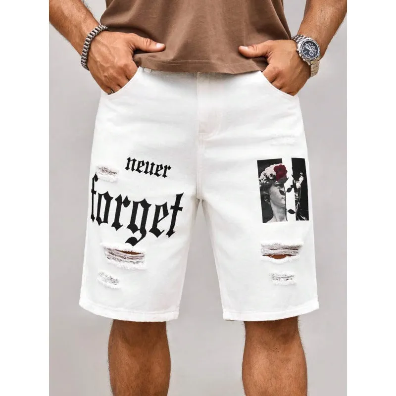 Men's letter printed cowboy shorts with double layer belt, available in multiple colours including black, grey, khaki, and olive green