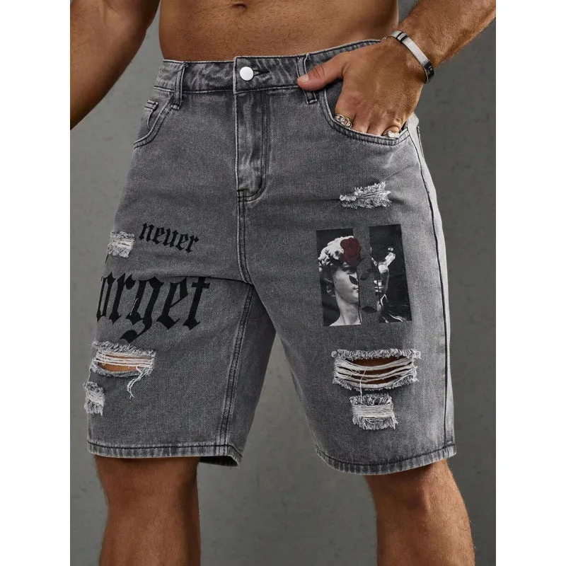 Men's letter printed cowboy shorts with double layer belt, available in multiple colours including black, grey, khaki, and olive green