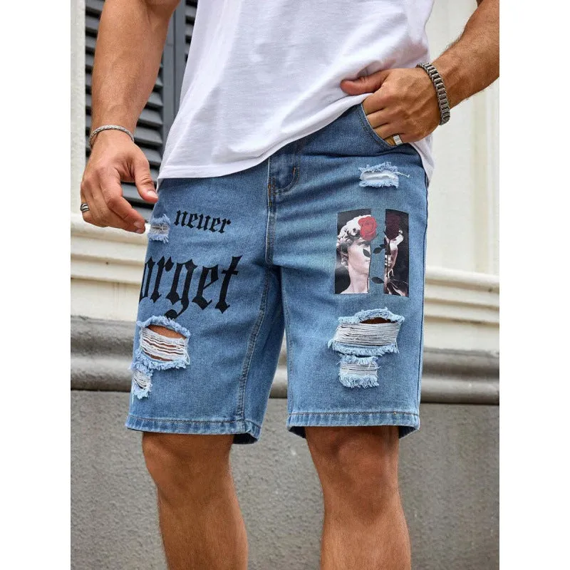 Men's letter printed cowboy shorts with double layer belt, available in multiple colours including black, grey, khaki, and olive green