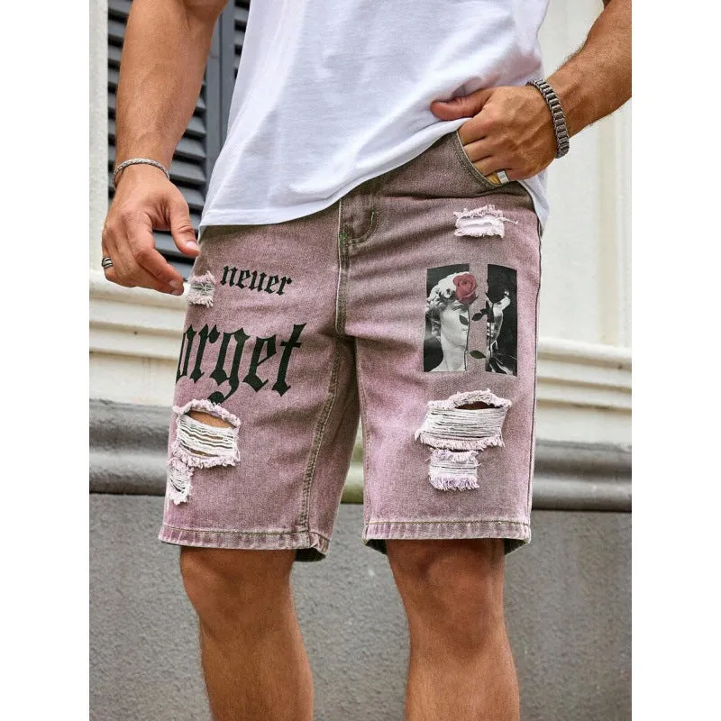 Men's letter printed cowboy shorts with double layer belt, available in multiple colours including black, grey, khaki, and olive green