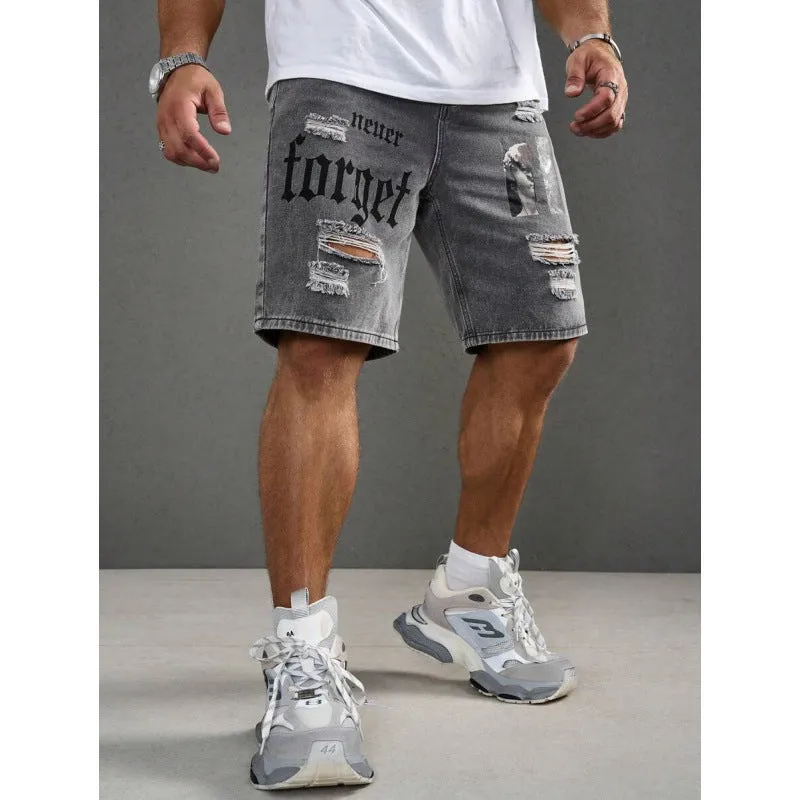 Men's letter printed cowboy shorts with double layer belt, available in multiple colours including black, grey, khaki, and olive green