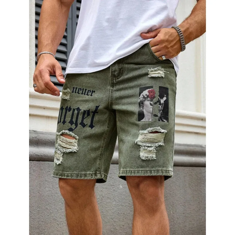 Men's letter printed cowboy shorts with double layer belt, available in multiple colours including black, grey, khaki, and olive green