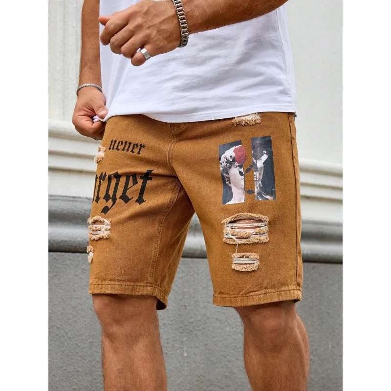 Men's letter printed cowboy shorts with double layer belt, available in multiple colours including black, grey, khaki, and olive green