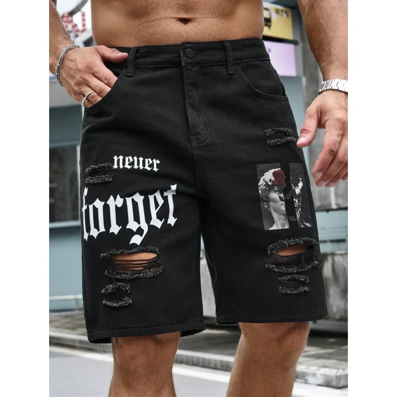 Men's letter printed cowboy shorts with double layer belt, available in multiple colours including black, grey, khaki, and olive green