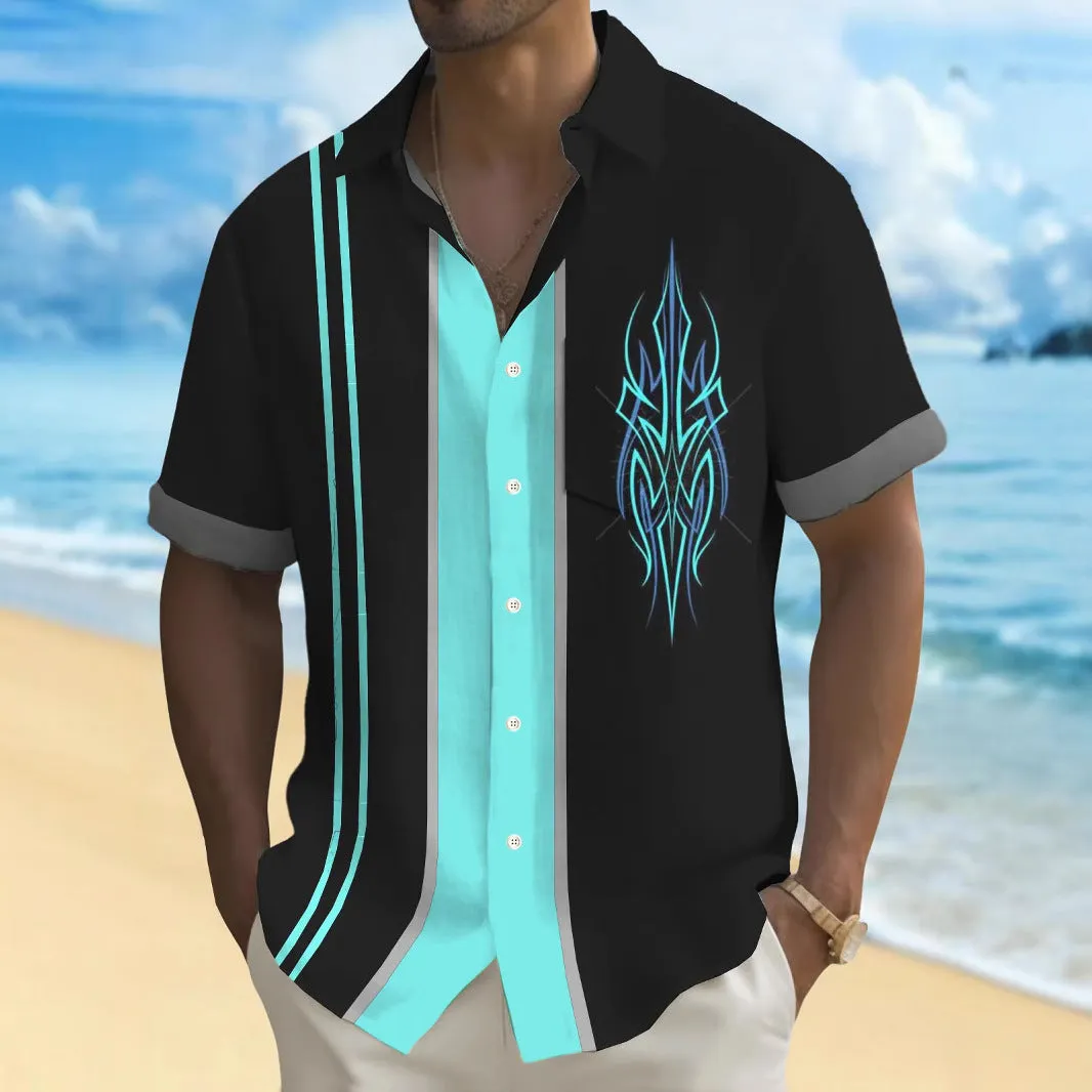 A man's loose-fitting printed cardigan shirt in a polyester fabric for casual wear.