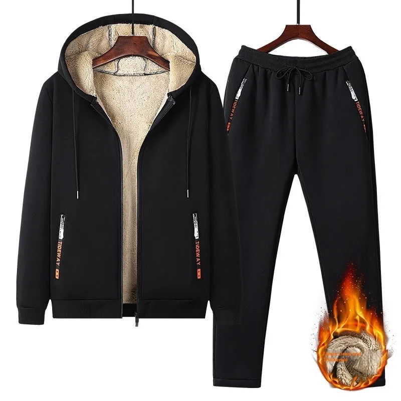 Winter fleece-lined thick lambskin coat set with cotton fabric in black, long sleeve top and trousers