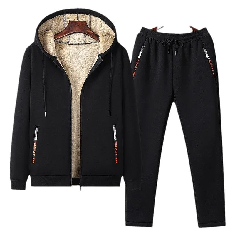 Winter fleece-lined thick lambskin coat set with cotton fabric in black, long sleeve top and trousers