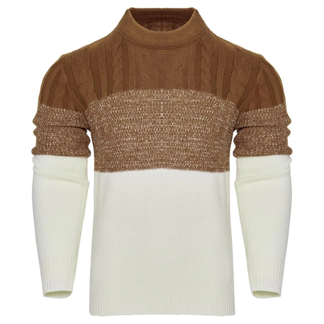 Men's knitted long-sleeved pullover sweater on a hanger, available in multiple sizes and styles.
