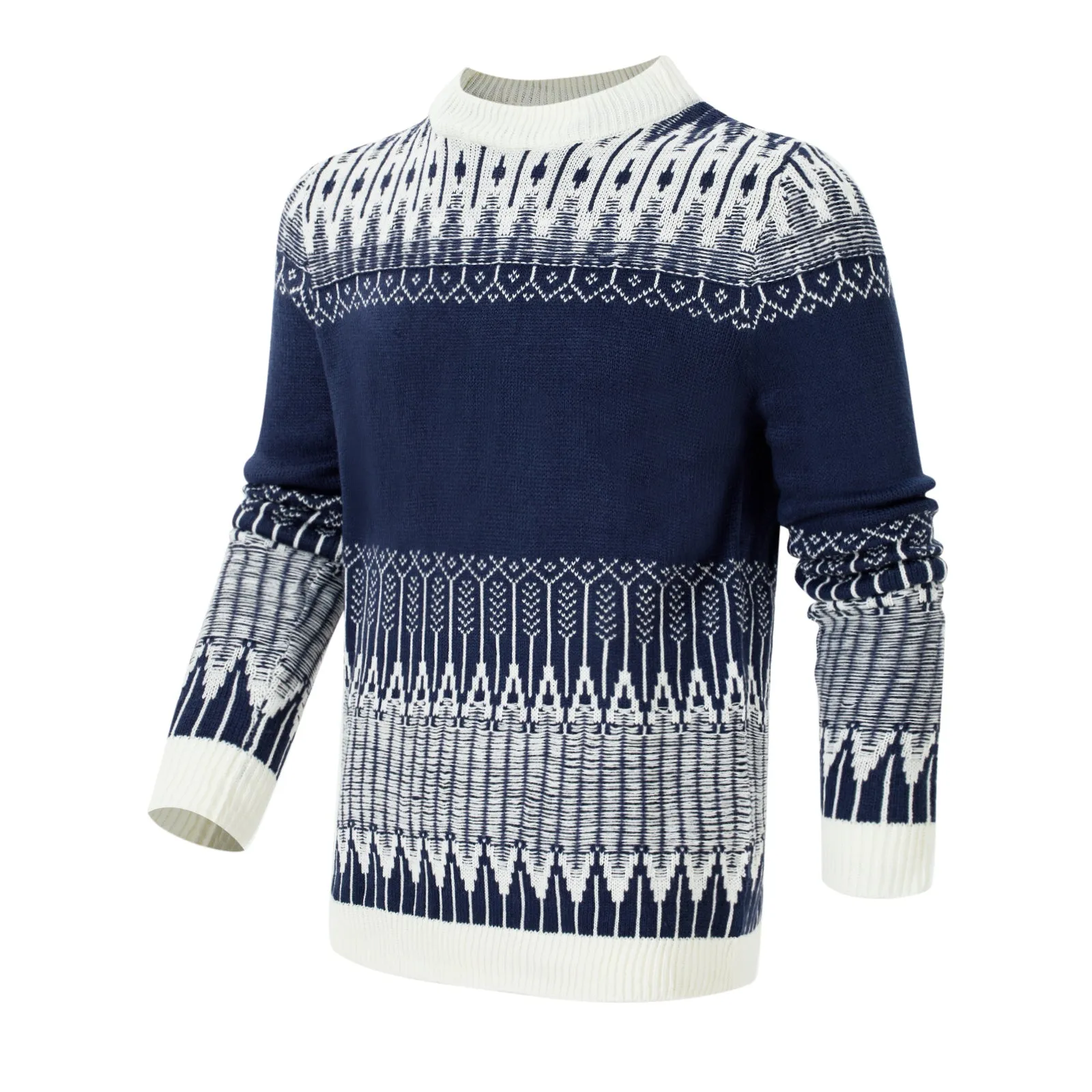 Men's knitted long-sleeved pullover sweater on a hanger, available in multiple sizes and styles.
