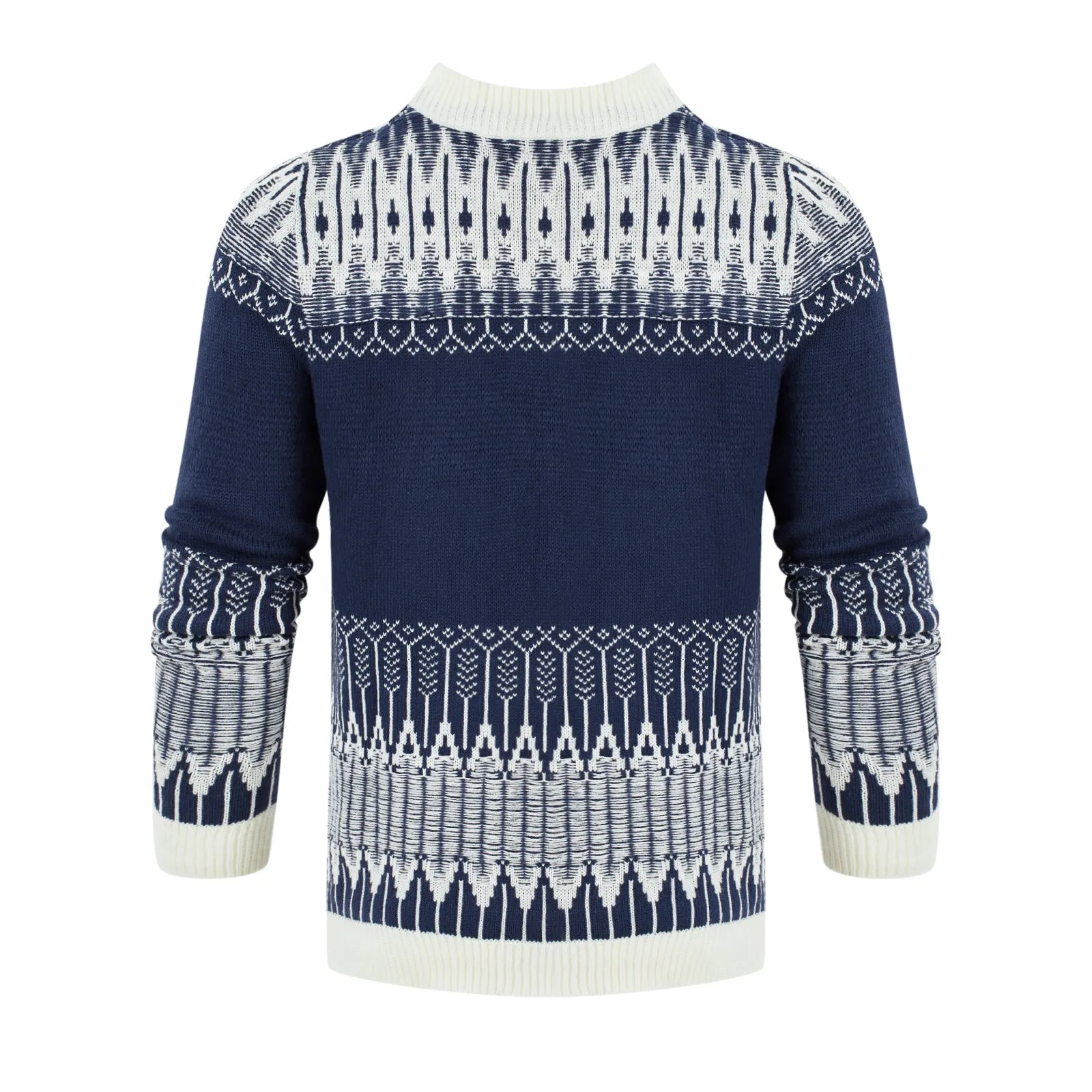 Men's knitted long-sleeved pullover sweater on a hanger, available in multiple sizes and styles.