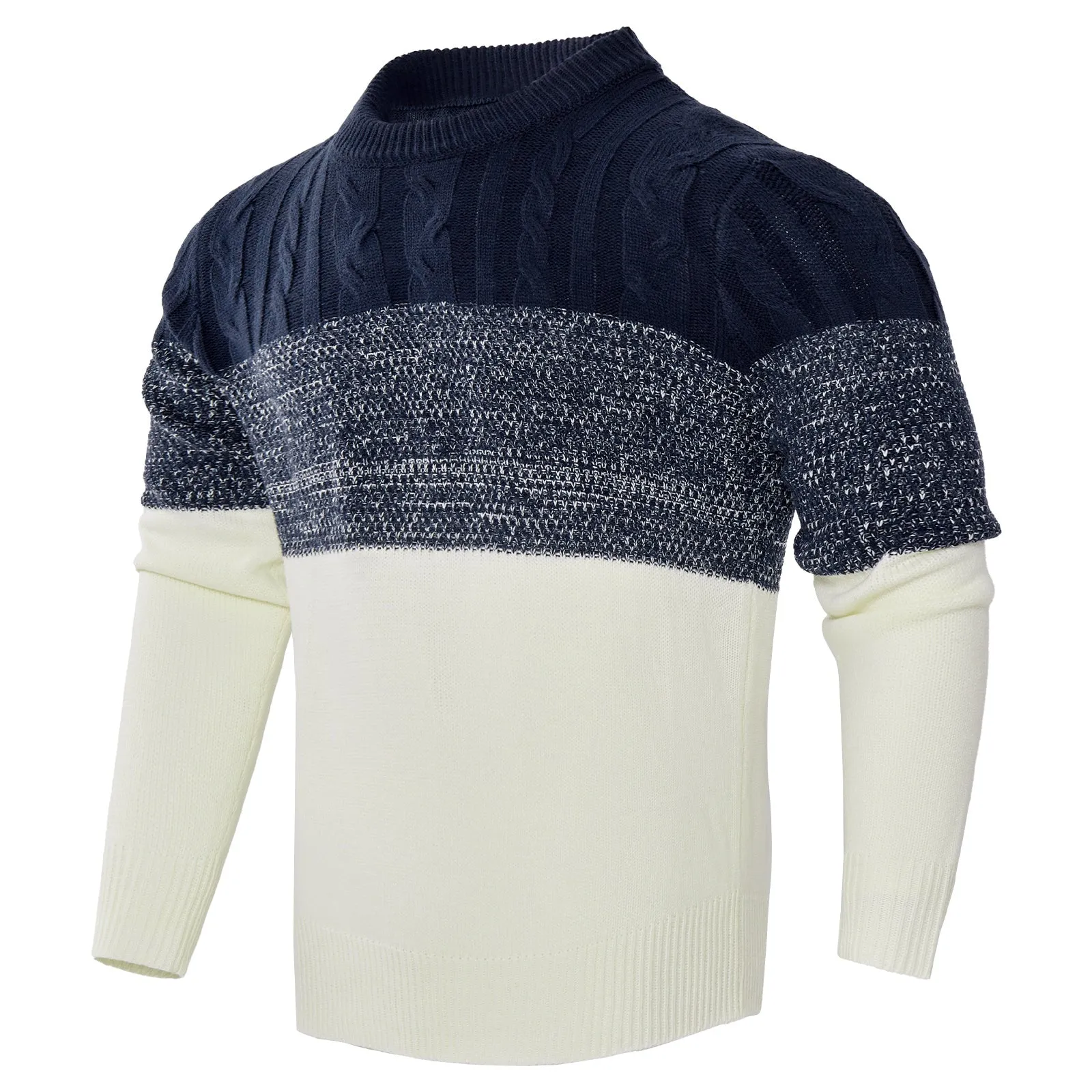 Men's knitted long-sleeved pullover sweater on a hanger, available in multiple sizes and styles.