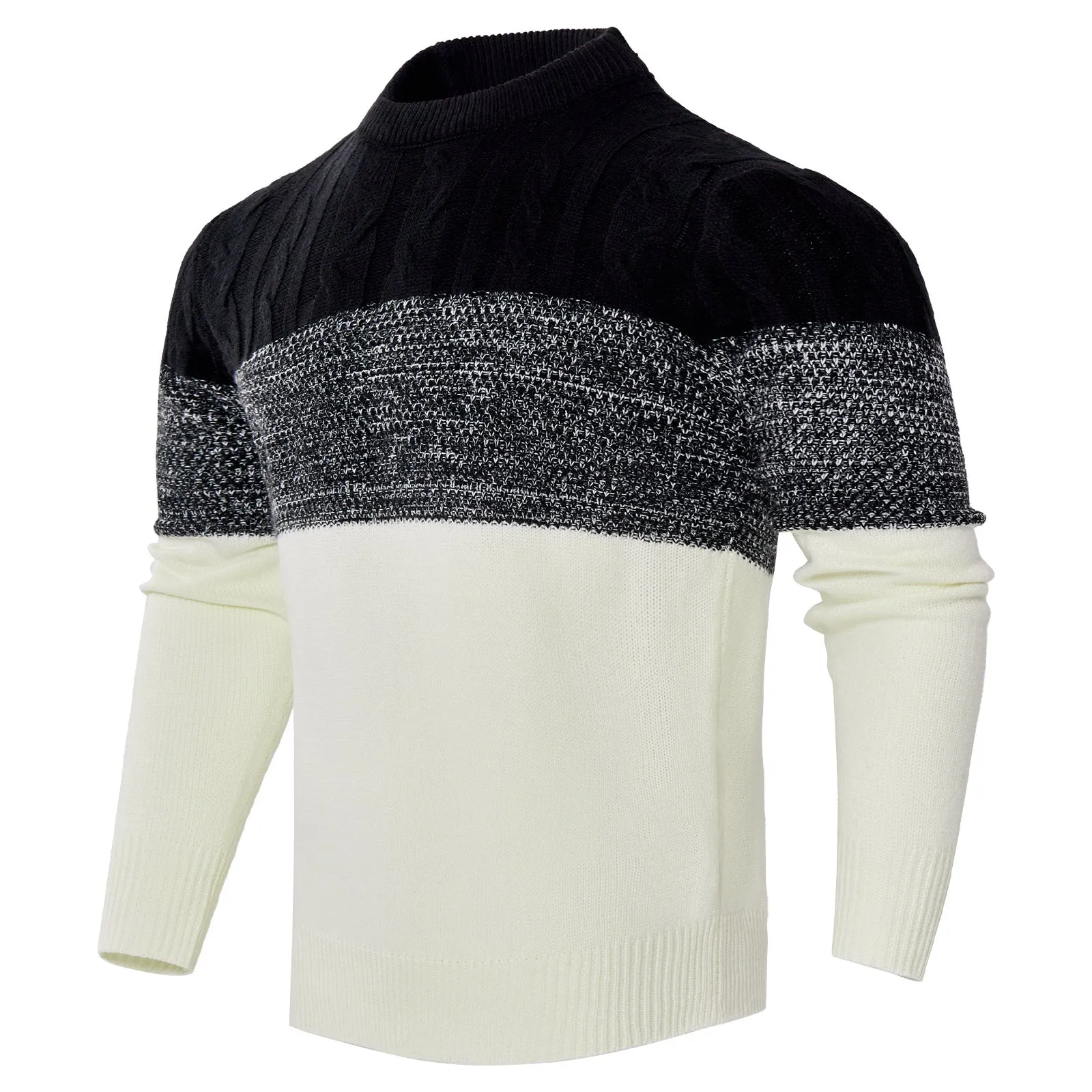 Men's knitted long-sleeved pullover sweater on a hanger, available in multiple sizes and styles.