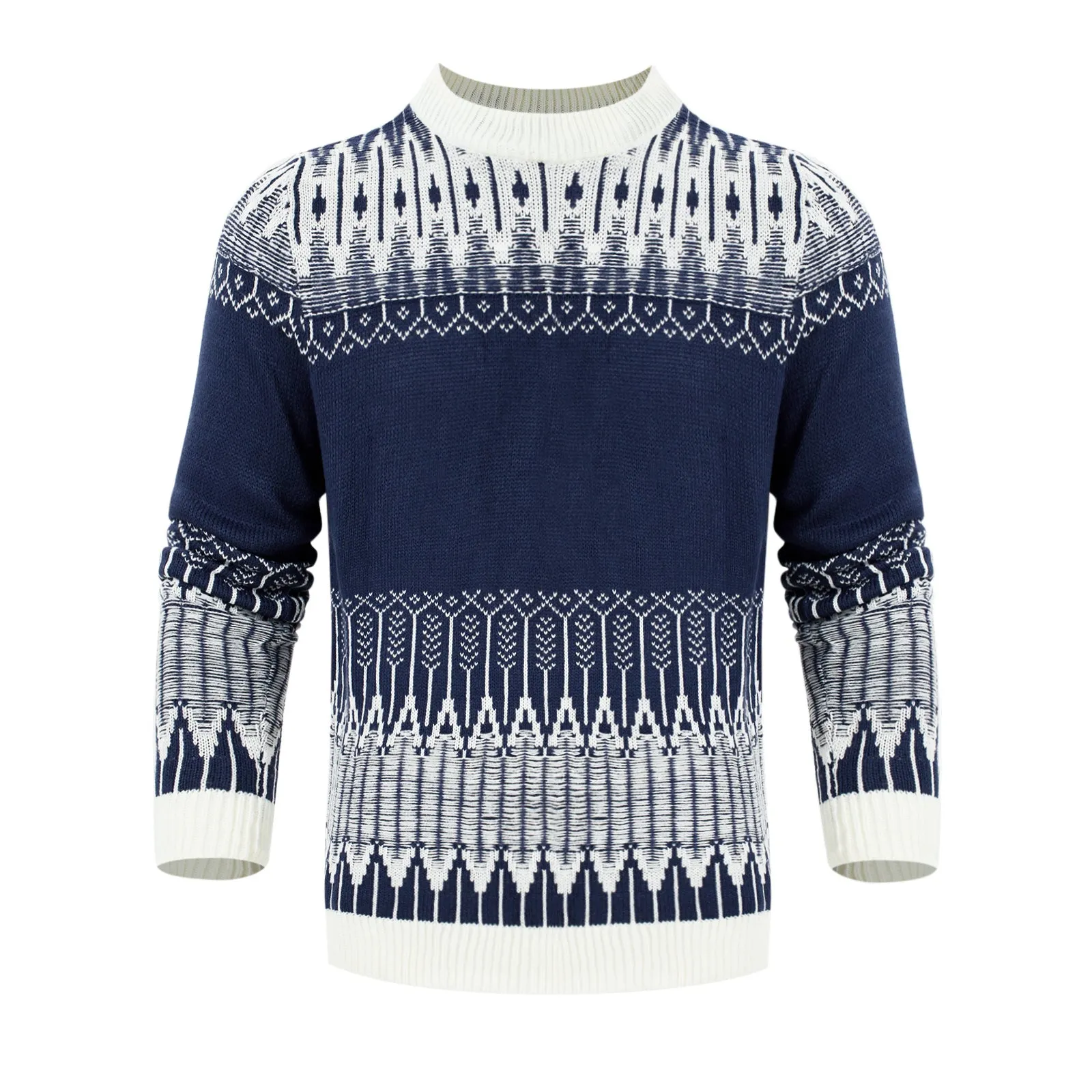 Men's knitted long-sleeved pullover sweater on a hanger, available in multiple sizes and styles.