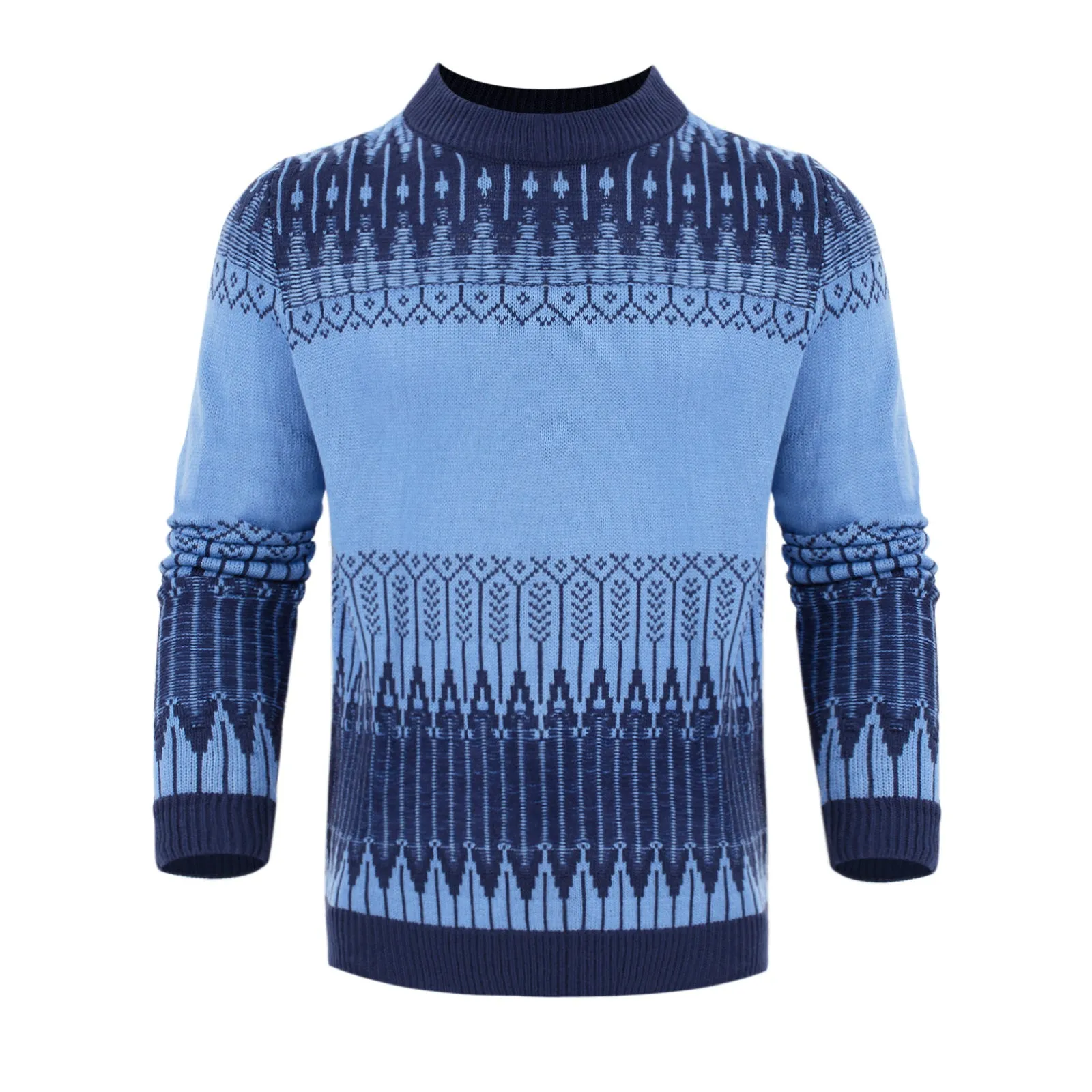 Men's knitted long-sleeved pullover sweater on a hanger, available in multiple sizes and styles.