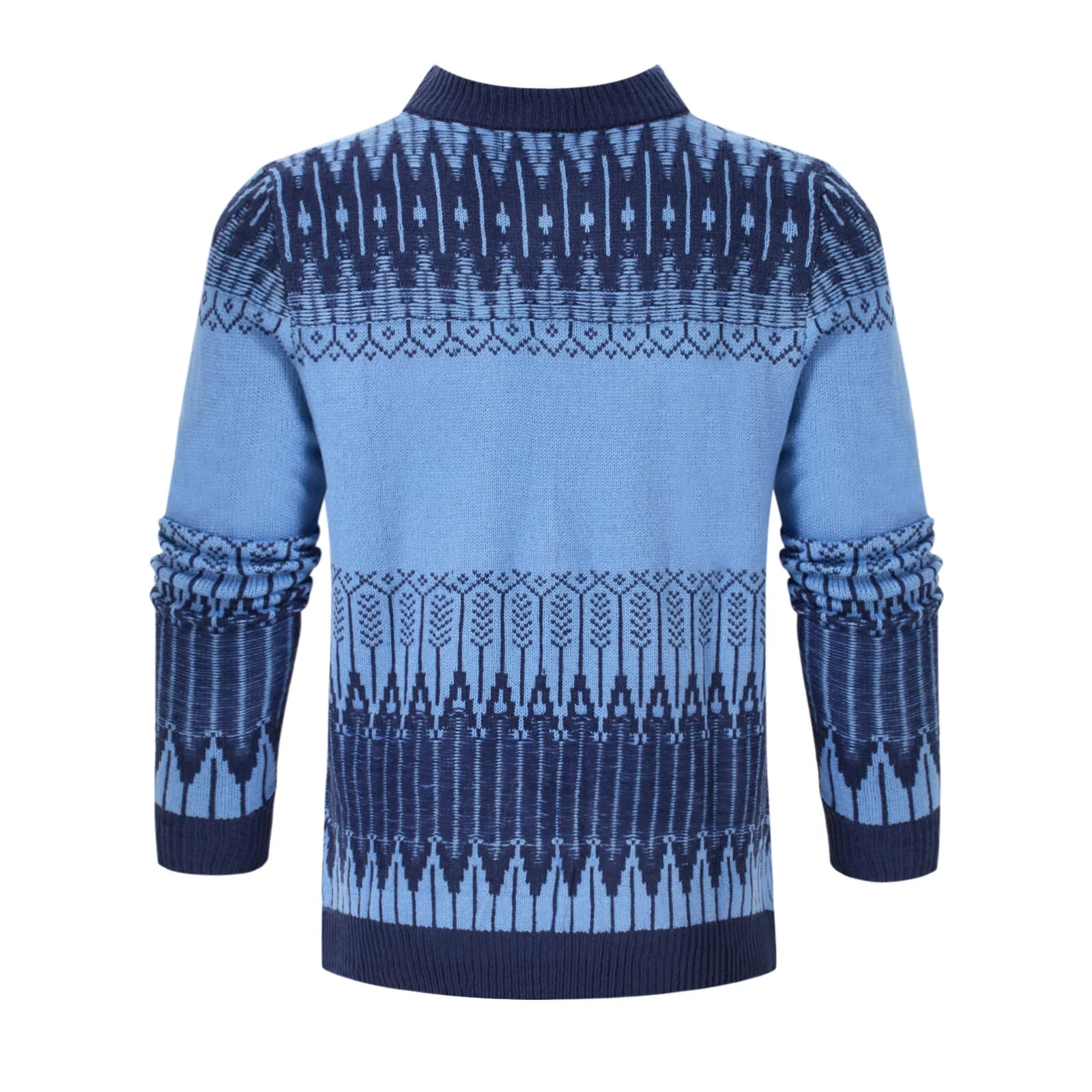 Men's knitted long-sleeved pullover sweater on a hanger, available in multiple sizes and styles.