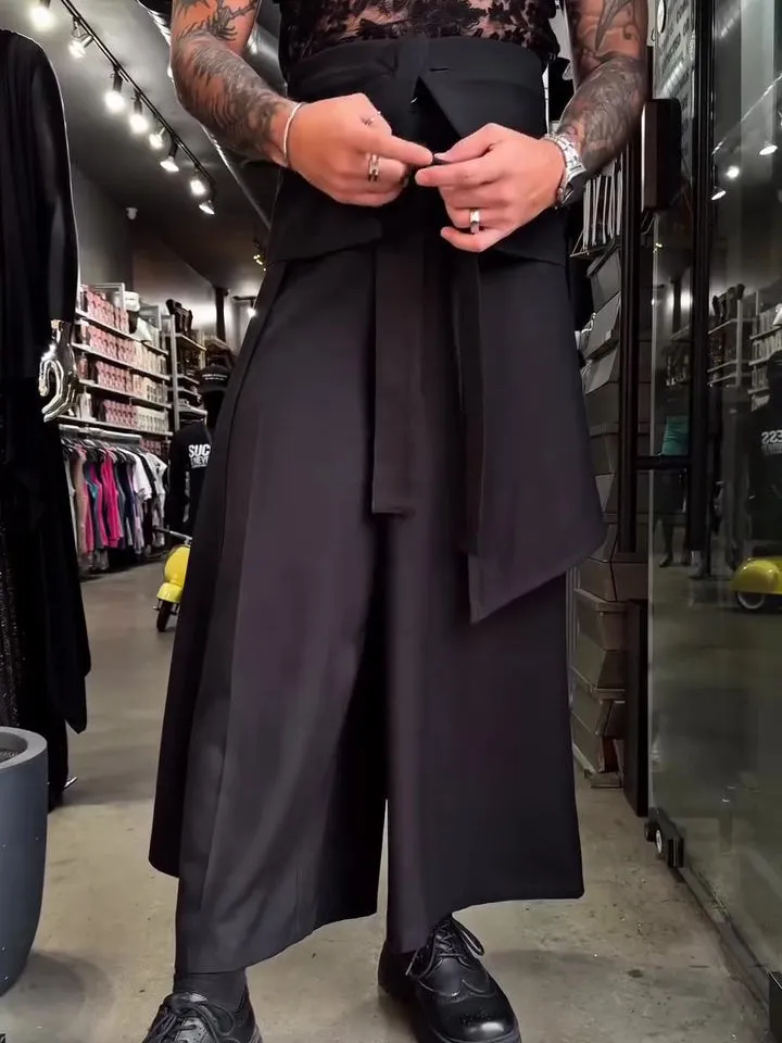 Men's casual strappy solid colour wide-leg ankle-length polyester pants in black