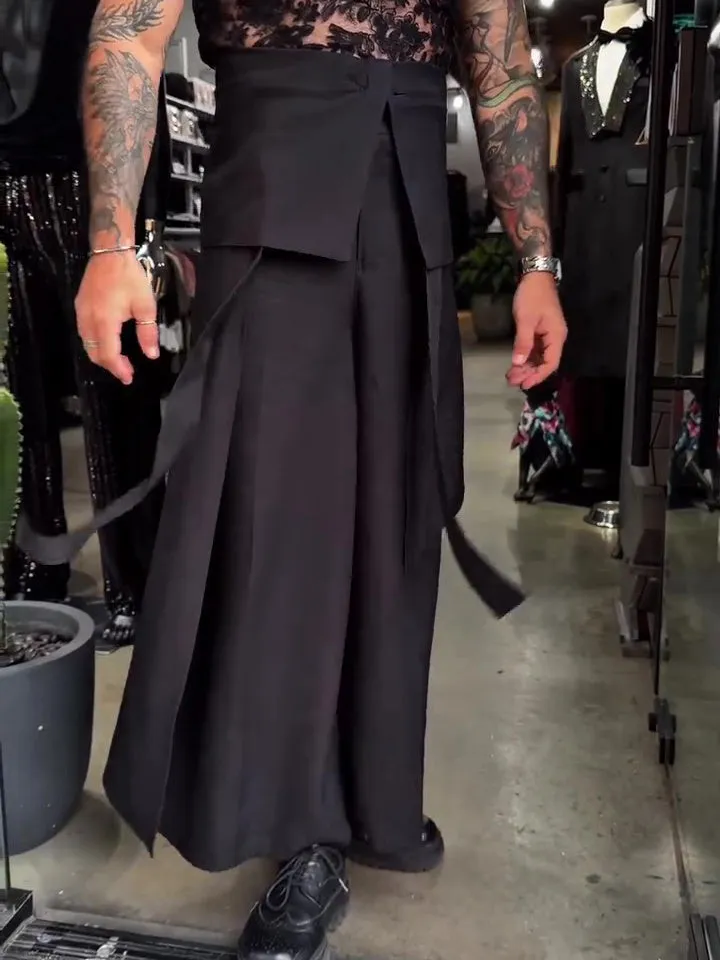 Men's casual strappy solid colour wide-leg ankle-length polyester pants in black