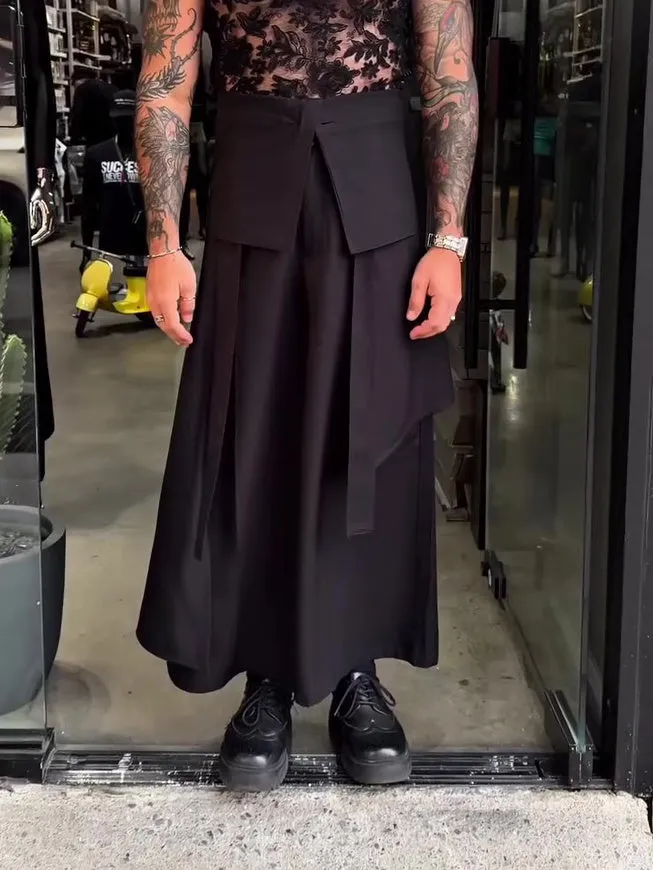 Men's casual strappy solid colour wide-leg ankle-length polyester pants in black