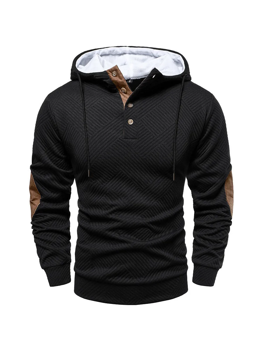 Men's loose hooded casual pullover in dark gray, long sleeves, polyester fibre construction