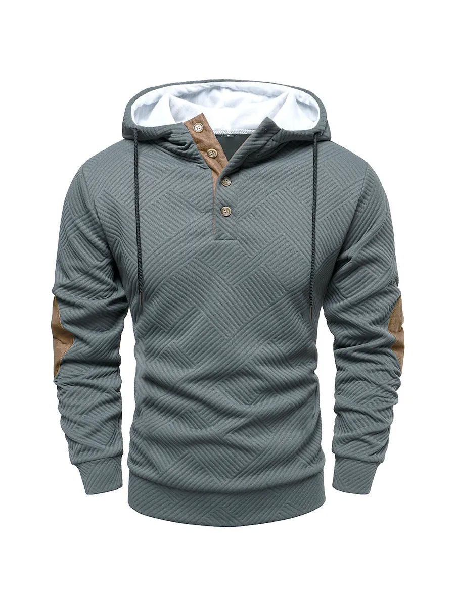 Men's loose hooded casual pullover in dark gray, long sleeves, polyester fibre construction