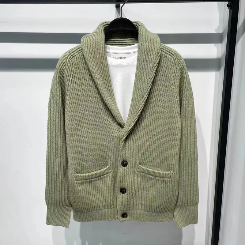 Men’s Korean style hooded knitted cardigan coat in polyester fibre, loose fit, winter long sleeve, available in green black apricot sizes M to 4XL