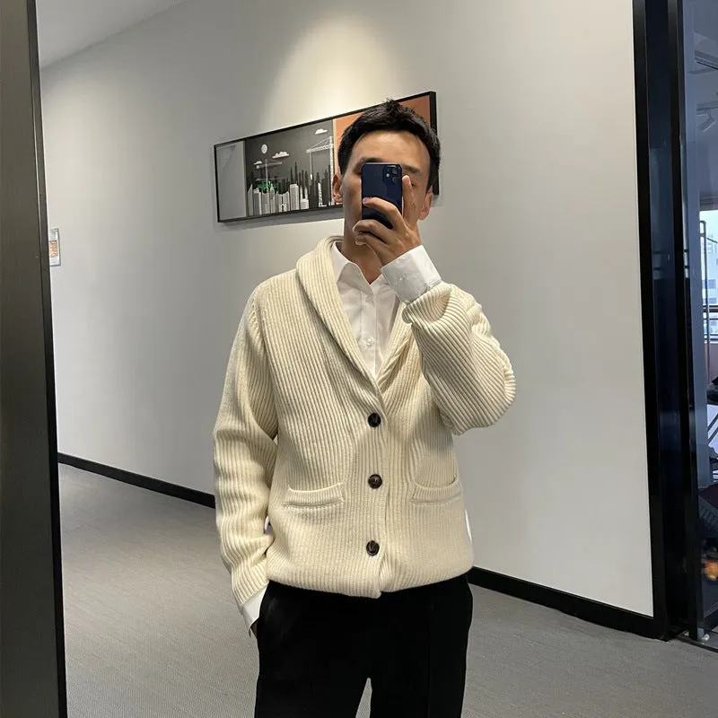 Men’s Korean style hooded knitted cardigan coat in polyester fibre, loose fit, winter long sleeve, available in green black apricot sizes M to 4XL