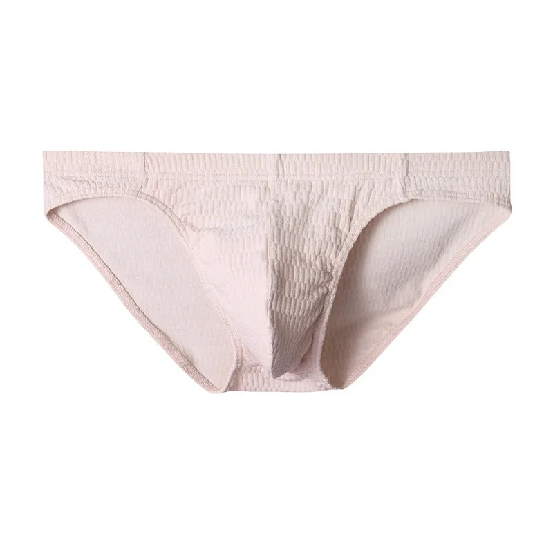 Men's solid colour pure cotton triangle underwear briefs on a mid waist, shown in apricot and black colour options.