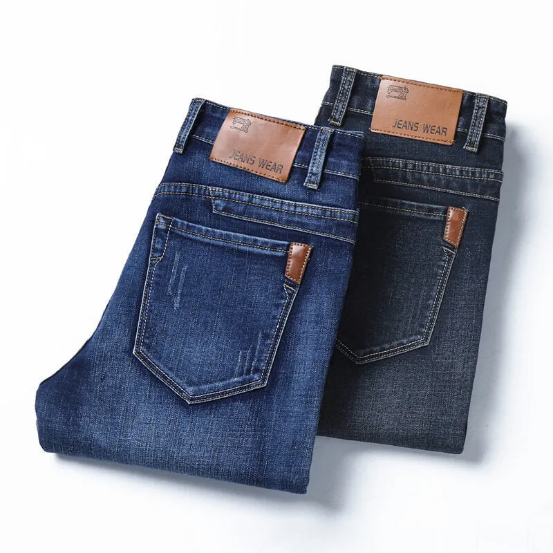 Men's straight stretch slim fit casual denim trousers in blue, cotton fabric, low waist, zipper fly