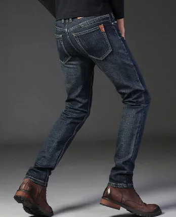 Men's straight stretch slim fit casual denim trousers in blue, cotton fabric, low waist, zipper fly