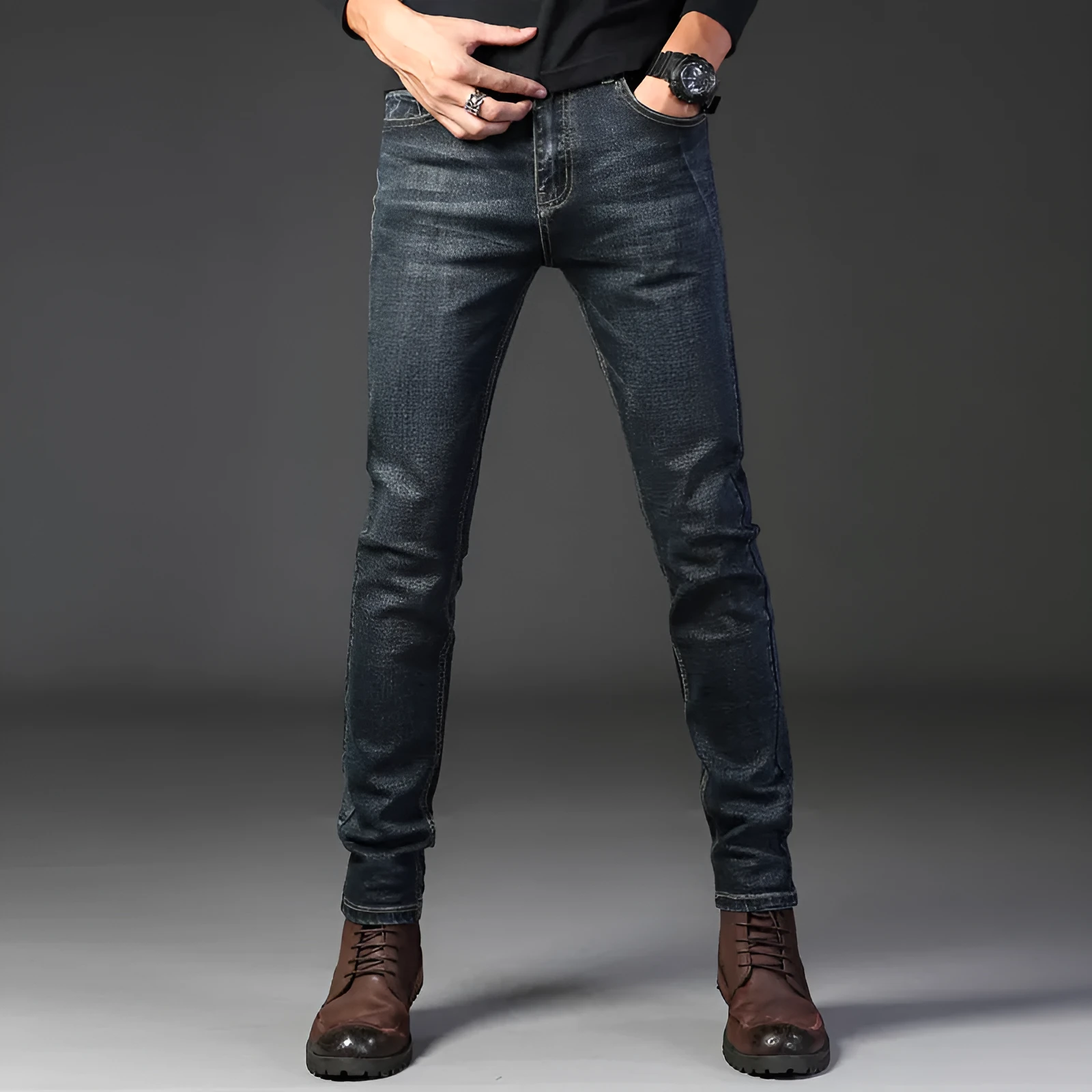 Men's straight stretch slim fit casual denim trousers in blue, cotton fabric, low waist, zipper fly