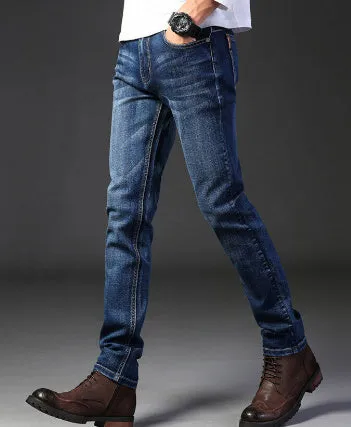 Men's straight stretch slim fit casual denim trousers in blue, cotton fabric, low waist, zipper fly