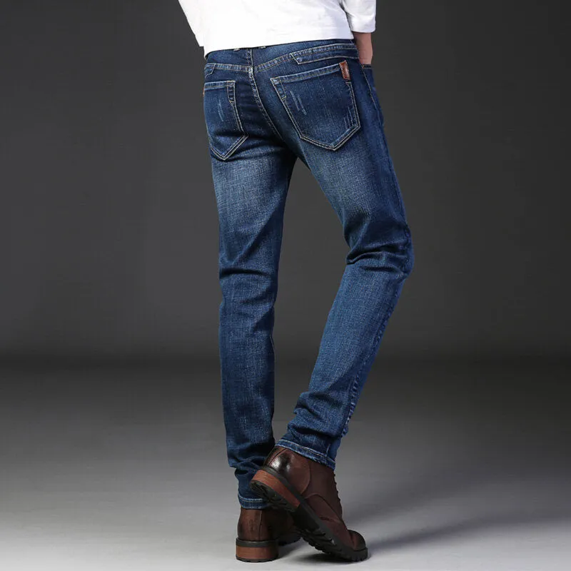 Men's straight stretch slim fit casual denim trousers in blue, cotton fabric, low waist, zipper fly