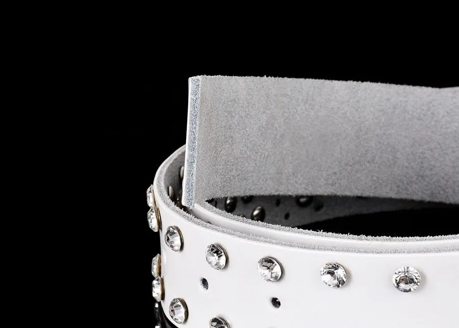 Leather ladies belt with diamond-studded cowhide pin buckle, alloy D-shape buckle, rhinestone mosaic, two-layer cowhide