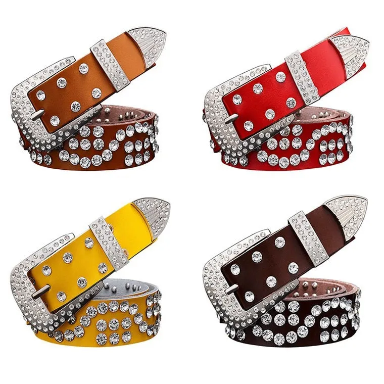 Leather ladies belt with diamond-studded cowhide pin buckle, alloy D-shape buckle, rhinestone mosaic, two-layer cowhide