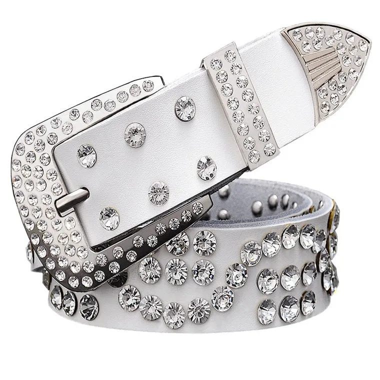 Leather ladies belt with diamond-studded cowhide pin buckle, alloy D-shape buckle, rhinestone mosaic, two-layer cowhide